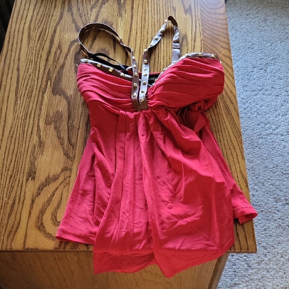 bebe Red Women's Blouse with Studded Straps